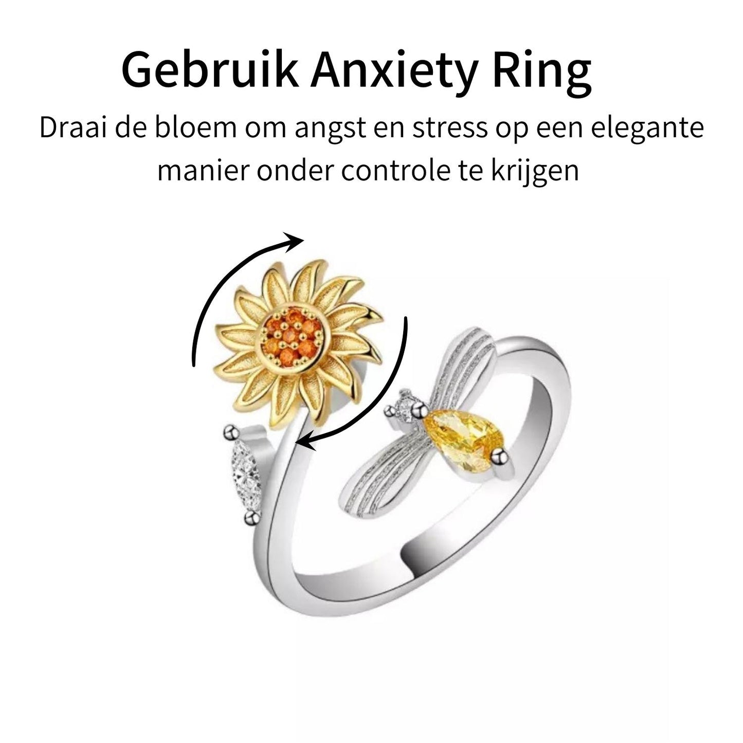 Anxiety Ring (Draairing Zonnebloem en Bij) Zilver 925 uitleg